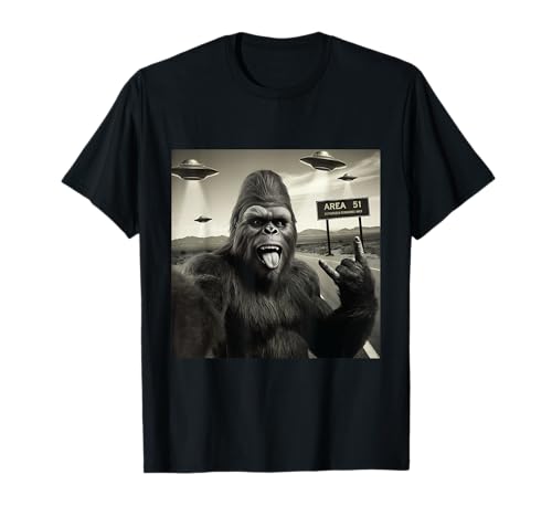Divertente Bigfoot Area 51 Visita Selfie UAP UFO Aliens Incontro Maglietta