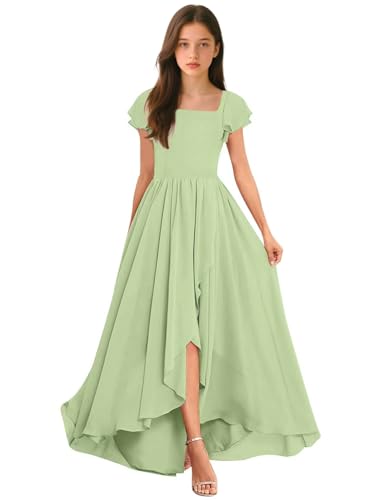 Junior Bridesmaid Dresses - Short Sleeve Ruffle Slit Girls Formal Dresses, A-line Chiffon Flower Girl Dress
