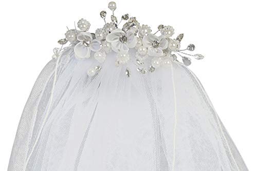 Swea Pea & Lilli Girls First Communion Veil - White Holy 1st Communion Headpiece with Comb, Organza Flowers with Rhinestones, Pearl Accents, and Crystal Accents3