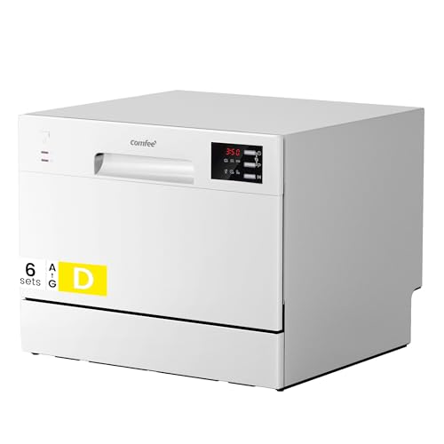 COMFEE' 2026 New Upgraded Table Top Dishwasher with 6 Place Settings, Mini Countertop Dishwasher for Small Families, Couples, LED display, Delay Start, 47dB Quiet Noise, White