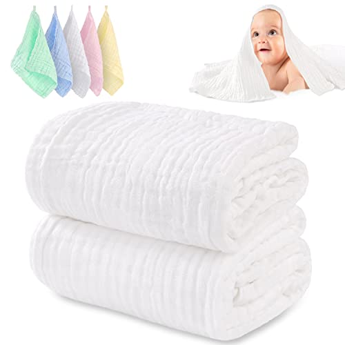 Image of HardNok Muslin Baby Towel and Washclothes, 2 Large Gauze Super Soft Baby Bath Towel and 5 Washcloths, 6 Layers Muslin Cotton Infant Towel Suitable for Baby's Delicate Skin(White)
