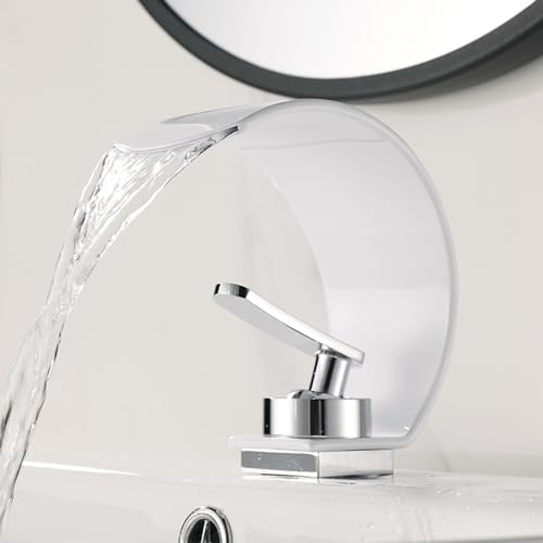 Grifo lavabo cascada sin salpicaduras monomando curvo de acero inoxidable blanco para aseo 2