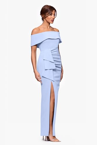 Image of Xscape Women's Off Shoulder Straight Neck Evening Gown with Foldover Cuff, Side Ruffle, Leg Slit, Fitted Formal Dress, Periwinkle, 14