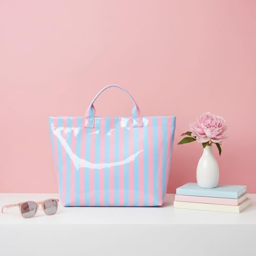 Image of Striped PVC Tote Bag for Women, Waterproof Plastic Hobo Handbag Summer Tote for Beach, Pool & Ideal Gift
