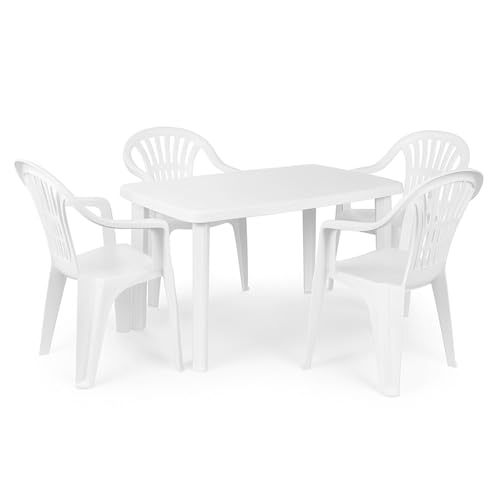 PALUPLUS Set Tavolo Ovale da Giardino con 4 Sedie in Plastica colore Bianco, Misura tavolino 101x68x72 cm, Sedie Impilabili con Braccioli, Arredo per Esterno, Terrazzo, Made in Italy -FARETT/LYR-21
