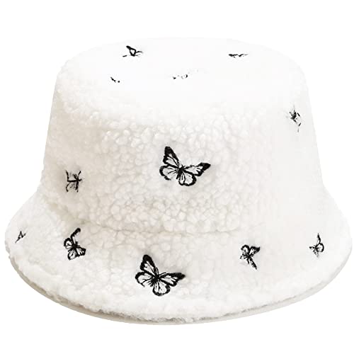 Winter Warm Plush Fuzzy Bucket Hat Faux Fur Shearling Butterfly Fisherman Hats for Women (US, Alpha, One Size, White)