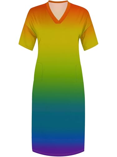 Image of SUZONANA Women Casual T-Shirt Dress V Neck Short Sleeve Solid Color Oversize Dress with Front Two Pockets