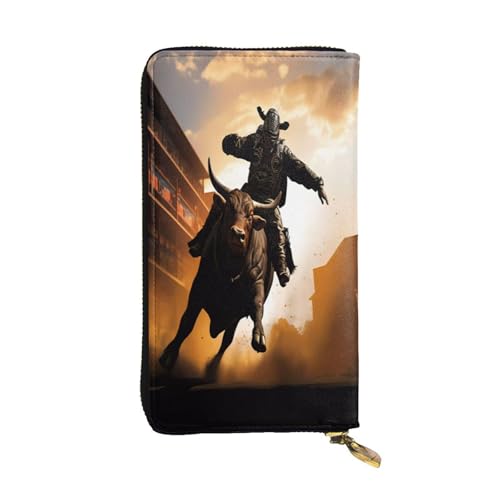 Leather Wallet for Women & girls, Fashion Long billfold Wallets, Durable Ladies purse for Daily, cool bull riding ID card package, Slim Thin RFID Blocking Credit Card Wallets with Zipper Coin Pocket