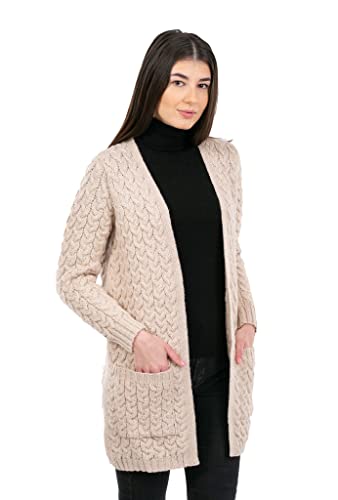 Image of SAOL Aran Coat for Women - Irish Open Front Fisherman Cardigan with Pockets - Merino Wool Made in Ireland