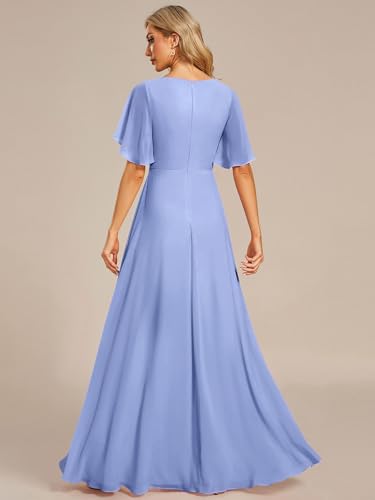 Image of Ever-Pretty Womens V Neck Applique Mother of the Bride Dresses Formal Dress | Chiffon, Short Sleeves, Ruched, A-Line, Bridesmaid Dresses, Formal Gown, Black Tie Dress