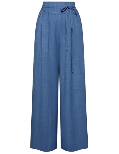 Belle Poque Women's High-Waisted Wide Leg Palazzo Pants - Elastic Waist, Flowy Boho Casual Summer Trousers with Pockets