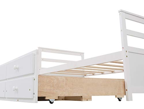 Twin Bed with Trundle and 3 Storage Drawers, Captain Bed Frame with Headboard and Footboard, Wood Daybed Bed with Pull Out Bed for Kids Teens and Adults, Wood Slat Support No Box Spring Needed, White
