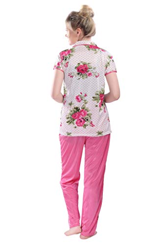 Image of Printed Night Suit for Women - Flower Print Satin Shirt and Pyjama Set (Front Open Collar Night Suit)