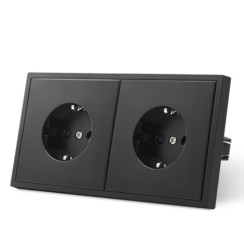 MVAVA Enchufe pared Con Garfio,Enchufes Empotrable Estándar,Placa de Mate,Seguridad infantil,2 Enchufes,150mm Negro