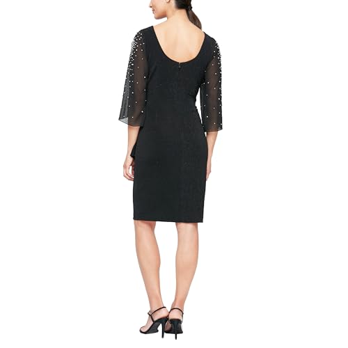 Image of Alex Evenings Women's Short Sheath Metallic Cocktail Dress w /Embellished Sleeves & Cascade Ruffle (Petite and Regular Sizes)