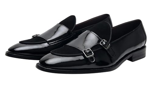 Santimon Men's Double Monk Strap Dress Shoes, Patent Leather Penny Loafers, Black Formal Dress Business Shoes,Tuxedo Shoes for Men