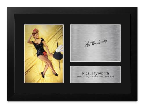 Imagen de Rita Hayworth enmarcada en A4 con reproducción de autógrafo original