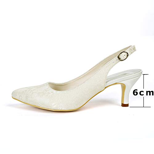 MGEM Womens Ladies Slingback High Heels Pointed Toe Toe Lace Satin Low-Heeled Pumps Ankle Strap Wedding Bride Court Shoes2
