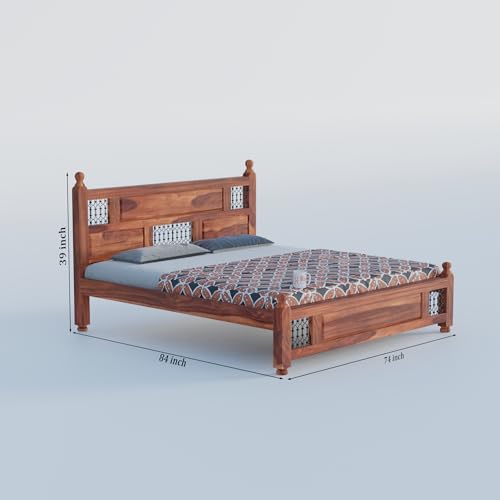 Image of Classic Jali Sheesham Wood King Size Bed Without Storage (84x74 Inch) | Wooden Double Bed Cot for Bedroom Furniture | Modern Palang Design for Home & Hotels | Honey Finish