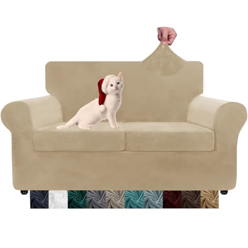 Image of XYMHUN Velvet Plush 3 Pieces Couch Covers for 2 Cushion Couch Super Stretch Anti Slip Spandex Sofa Loveseat Slipcover Living Room Dogs Pets Love Seat Furniture Protector (Loveseat, Camel)