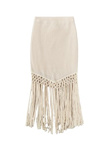 GORGLITTER Women's Tassel Trim Bodycon Midi Skirt Boho High Waist Vacation Skirts