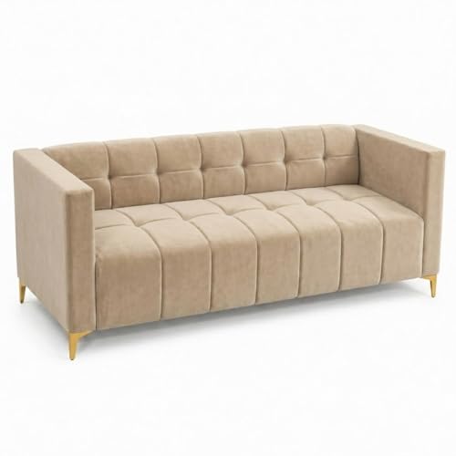 Image of FURNY Styliving 4 Seater L Shape Sofa Set with Movable Ottoman & Golden Legs | Flexible Left or Right Layout | Plush Velvet Fabric (Beige) | Perfect for Living Room, Guest Room & Office