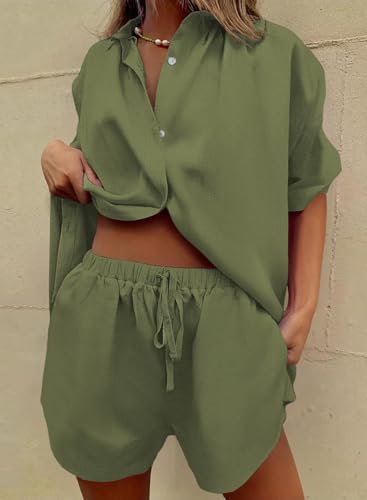 Image of Fixmatti Women 2 Piece Outfits Long Sleeve Button Down Blouse and Shorts Sweatsuit Sets