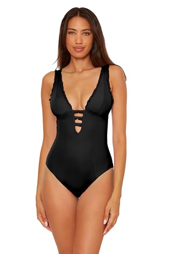 BECCA Women's Frills Plunge One Piece Swimsuit, Adjustable, Bathing Suits