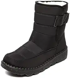Botas de neve femininas de tecido impermeável com gancho e laço, confortável, bico redondo, forro de pelúcia, sem cadarço, botas de inverno impermeáveis para atividades ao ar livre, montanhismo, lazer