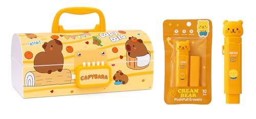Image of Invite New Cartoon Theme Pencil Box with Push Pull Eraser Set for Kids | Suitcase Style Password Lock Stationery Organizer | School Supplies Gift Combo for Boys & Girls (Capybara + Eraser)