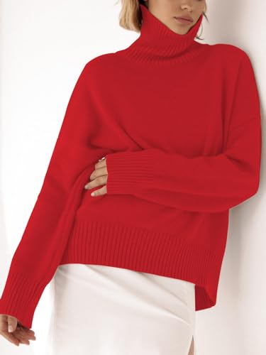 Image of YKR Women's Turtleneck Sweater Chunky Long Sleeve Knitted Pullover High Low Hem Trendy 2025 Fall Winter Basic Jumper Top
