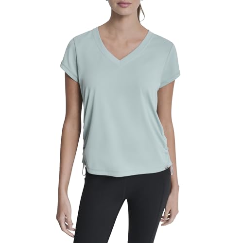 Image of DKNY Women's Short Sleeve V-Neck Tech Ruched Side Seam Active T-Shirt