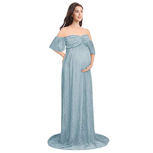 Women's Off Shoulder V Neck Ruffle Short Sleeve Lace Maternity Gown Maxi Photography