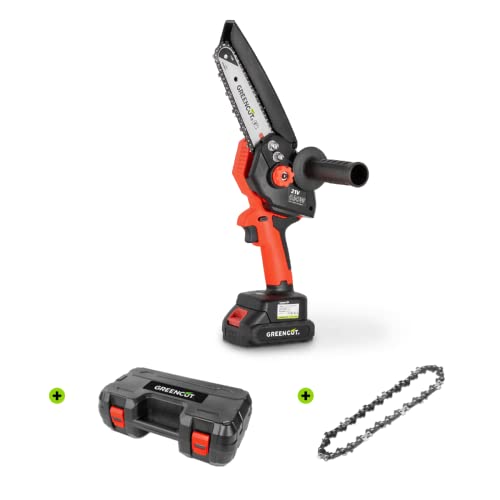 GREENCUT GSM216L-BM - Mini motosierra de mano inalámbrica batería 21V, espada 152.4mm, motor sin...