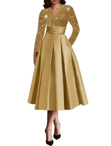 Mother of The Bride Dresses for Wedding Tea Length Formal Gowns Sequin Satin Prom Dress with Long Sleeve