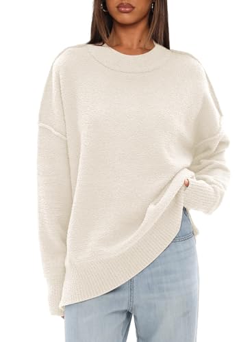 Image of Darong Women Oversized Fuzzy Knit Sweater Long Sleeve Crew Neck Side Slit Pullover Sweaters Fall Winter Tops