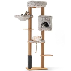 FUKUMARU Modern Cat Tree, 188cm Cat Tower Wall Mounted, Multi-level Cat Tree Tall with Jute Scratching Post, Hanging Basket, Ex-Large Cat Perch, and Cat Condo, Solid Rubber Wood Cat Trees and Towers