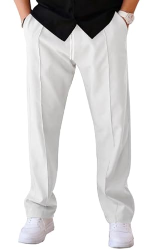 Pantalon Homme Léger Taille Élastique avec Cordon - Coupe Droite Bas Ouvert avec Poches - pour Travail, Sport, Décontracté, Blanc L