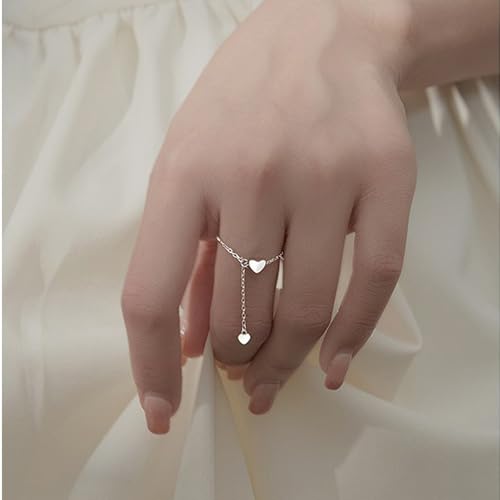 Heart Chain Promise Engagement Ring for Women 925 Silver Plated Adjustable Cute Love Charms Drop Statement Expandable Finger Rings Comfort Fit Fashion Chic Jewelry Gift2