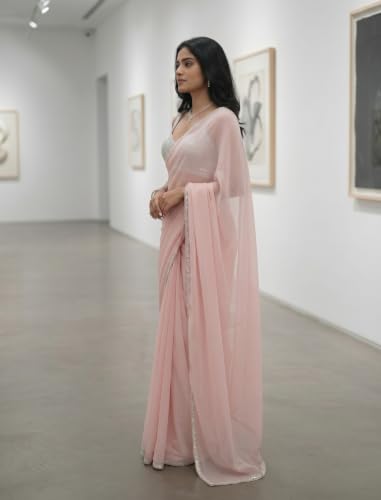 Image of FREE SPIRIT Women's Jimmi Choo Saree with Unstitched Blouse Piece Lace Border and Solid Pattern | Indian Saree for Women | Fancy Designer Sarees | Premium Saree for Womans