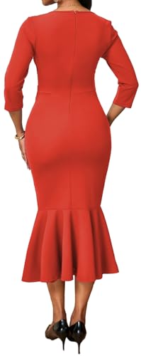 Image of Elegant Dress for Women Sexy V Neck Long Sleeve Bodycon Midi Fishtail Dresses