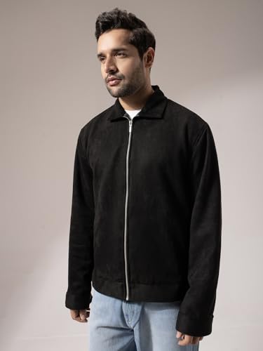 Buy PERCH Men Black Suede Solid Zipper Jacket - Image 3