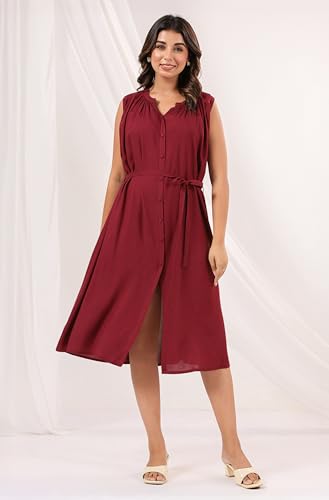 Image of Janasya Women's Rayon Solid A-line Dress