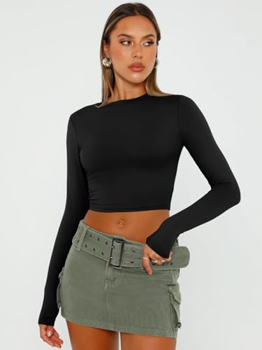 Trendy Queen Womens Long Sleeve Crop Tops Basic Slim Fitted Shirts Fashion 2025 Going Out Y2k Tops Teen Girl Clothes2