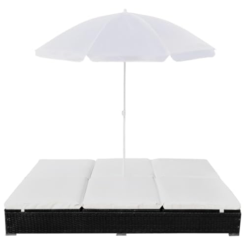 Eleganz Cama de salón exterior con sombrilla, ratán de polietileno y marco de acero recubierto de polvo, camas de jardín para terraza y jardín
