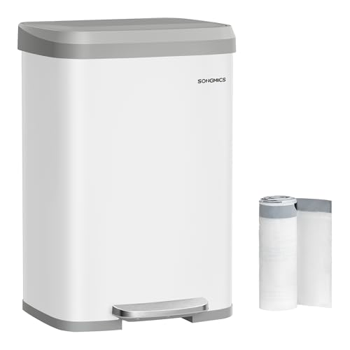 SONGMICS Cubo de Basura de Cocina, 50 L, Cubo de Basura de Metal con Pedal y Tapa, Alto y Grande, Blanco y Gris Paloma LTB530W03