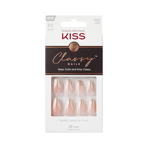 KISS Classy Nails, Press-On Nails, Nail glue included, 'The BOSS', Silver, Medium Size, Coffin Shape, Includes 28 Nails, 2g Glue, 1 Manicure Stick, 1 Mini file