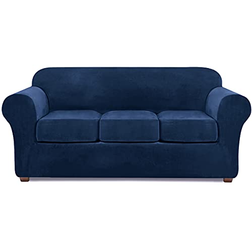 Couch Covers for 3 Cushion Couch Velvet Sofa Cover Stretch 4 Piece Couch Cover Sofa Covers Sofa Slipcover for Furniture Sofa Furniture Protector Machine Washable (Navy Blue)