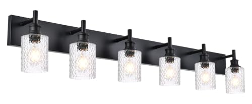 Image of 6 Lights Black Bathroom Lighting Fixtures with Clear Fluted Glass | Modern Farmhouse Vanity Light Bathroom Wall Sconces Over Mirror, E26 Socket, for Bedroom, Living Room, Hallway, Kitchen