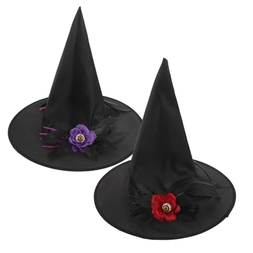 DIKACA 2 Sombreros de Bruja para Fiesta de Halloween Disfraz de Mujer y Adolescente Sombrero de Mago con Mano Fantasma y Flores Realistas Colores Rojo y Morado Accesorios para